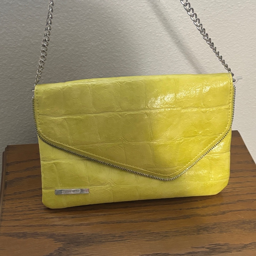 Nine West Yellow Croc-Embossed Clutch with Chain